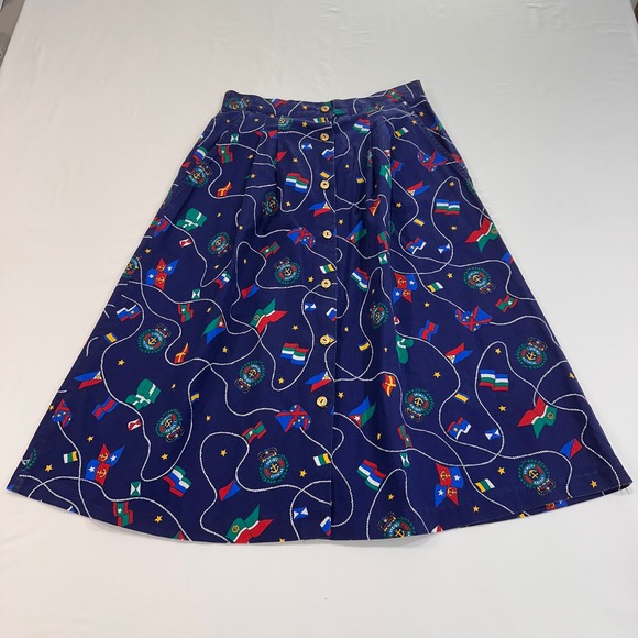 Jantzen Dresses & Skirts - Jantzen Nautical Flag Print Midi Skirt Womens 16 Navy Blue Anchor Buttons Preppy